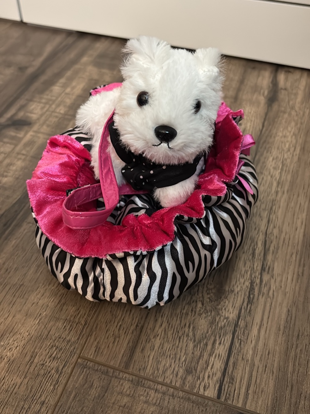 Plush White Puppy with Pink Zebra Bed and Pink Leash